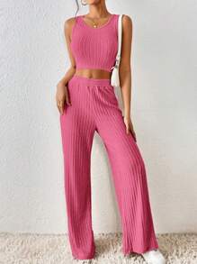 SHEIN Frenchy Solid Crop Tank Top & Wide Leg Pants - Hot Pink - View 4