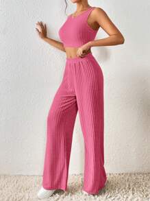 SHEIN Frenchy Solid Crop Tank Top & Wide Leg Pants - Hot Pink - View 5