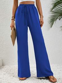 SHEIN LUNE Eo dây rút Quần ống rộng - Xanh đậm - Xem 3