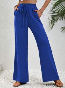 SHEIN LUNE Eo dây rút Quần ống rộng - Xanh đậm - Xem 4