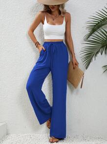 SHEIN LUNE Eo dây rút Quần ống rộng - Xanh đậm - Xem 6