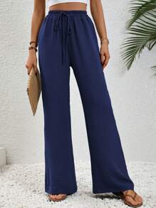 SHEIN LUNE Drawstring Waist Wide Leg Trousers - Navy Blue - View 3