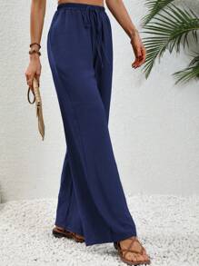 SHEIN LUNE Drawstring Waist Wide Leg Trousers - Navy Blue - View 5