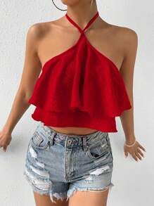 Chiquease 春假纯色荷叶边饰边系带露背吊带上衣新年服装