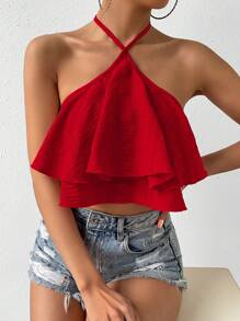 Chiquease 春假纯色荷叶边饰边系带露背吊带上衣新年服装