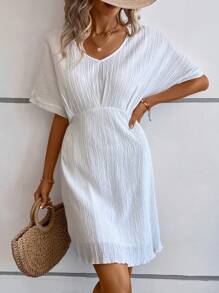 SHEIN LUNE Solid Batwing Sleeve A-line Dress - White - View 1