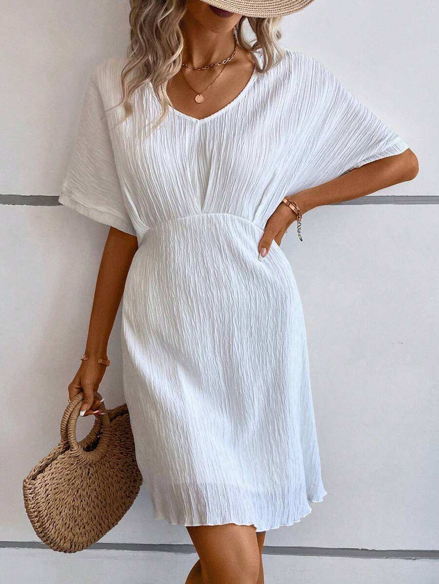 SHEIN LUNE Solid Batwing Sleeve A-line Dress - White - View 1