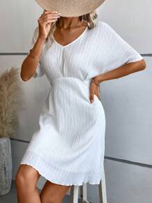 SHEIN LUNE Solid Batwing Sleeve A-line Dress - White - View 5