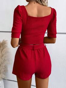 SHEIN Privé Sweetheart Neck Puff Sleeve Crop Top & Shorts - Red - View 2