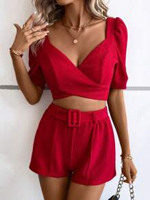 SHEIN Privé Sweetheart Neck Puff Sleeve Crop Top & Shorts - Red - View 3