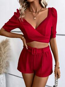 SHEIN Privé Sweetheart Neck Puff Sleeve Crop Top & Shorts - Red - View 6