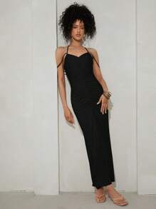 SHEINNeu Halter Neck Xù Đầm - màu đen - Xem 5