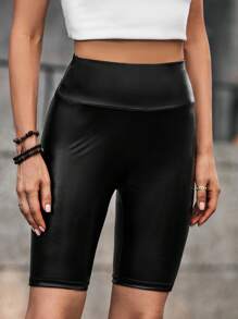 SHEIN LUNE Thắt lưng băng rộng Da giả Quần short đi xe - màu đen - Xem 3