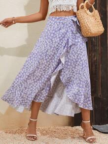 SHEIN VCAY Ditsy Floral Print Ruffle Trim Wrap Knot Side Skirt - Lilac Purple - View 3