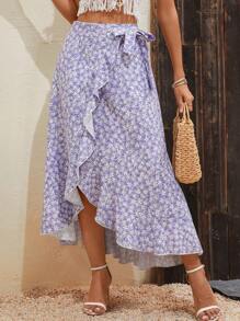 SHEIN VCAY Ditsy Floral Print Ruffle Trim Wrap Knot Side Skirt - Lilac Purple - View 5