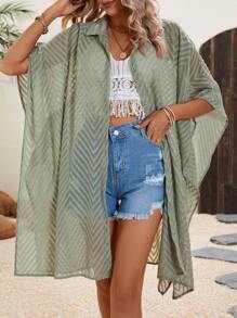 SHEIN LUNE Chất rắn tay cánh Kimono - màu xanh lá - Xem 2