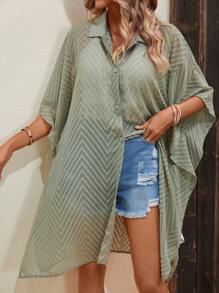 SHEIN LUNE Chất rắn tay cánh Kimono - màu xanh lá - Xem 4
