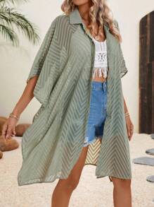 SHEIN LUNE Chất rắn tay cánh Kimono - màu xanh lá - Xem 5