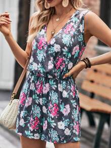SHEIN LUNE Floral Print Surplice Neck Knot Front Romper