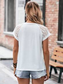 SHEIN LUNE 蕾絲拼接插肩袖T恤 - 白色 - 查看 2