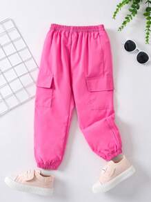 SHEIN Pantalones largos estilo dopamina rojo rosa para chica joven usados como ropa de abrigo, pantalones cargo de estilo de moda europea y americana - Rosa Fucsia - Ver 1