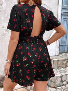 SHEIN VCAY Hơn In Anh đào Viền bình hàng eo Romper - Nhiều màu - Xem 3