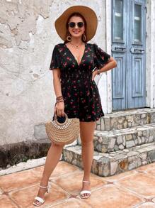 SHEIN VCAY Hơn In Anh đào Viền bình hàng eo Romper - Nhiều màu - Xem 2