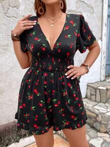 SHEIN VCAY Hơn In Anh đào Viền bình hàng eo Romper - Nhiều màu - Xem 5