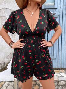 SHEIN VCAY Hơn In Anh đào Viền bình hàng eo Romper - Nhiều màu - Xem 6