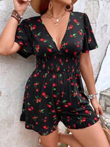 SHEIN VCAY Hơn In Anh đào Viền bình hàng eo Romper - Nhiều màu - Xem 1