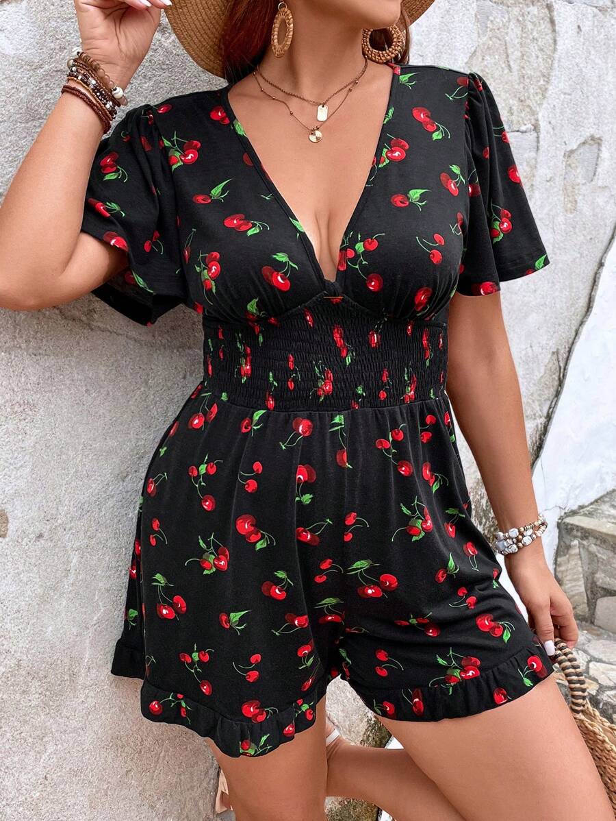 SHEIN VCAY Hơn In Anh đào Viền bình hàng eo Romper - Nhiều màu - Xem 1