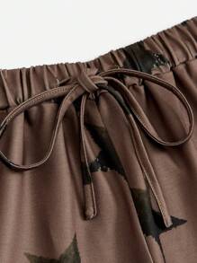 Pantalones de pierna ancha con estampado de estrella de cintura con cordón - Café integral - Ver 3