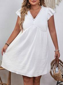 SHEIN VCAY 大碼鏤空蕾絲花邊蝴蝶袖連衣裙 - 白色 - 查看 3