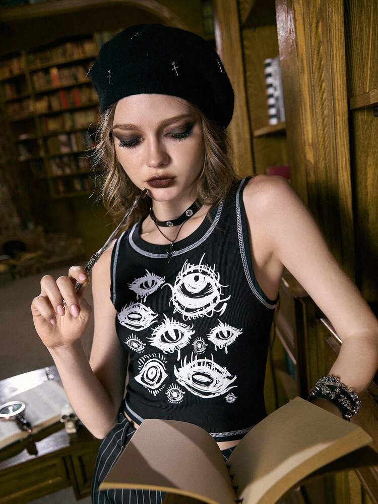 ROMWE Academia Top tank con estampado de ojo con puntada - Negro - Añade 4