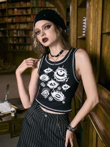 ROMWE Academia Eye Print Top-stitching Tank Top - Black - View 5