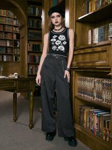 ROMWE Academia Eye Print Top-stitching Tank Top - Black - View 6