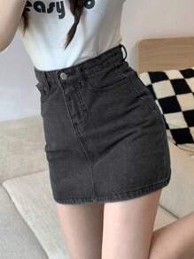 水洗直筒牛仔短裙 - 深灰色 - 查看 1