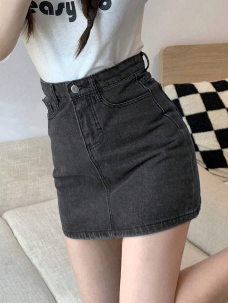 水洗直筒牛仔短裙 - 深灰色 - 查看 1