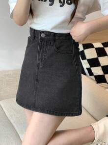 水洗直筒牛仔短裙 - 深灰色 - 查看 3