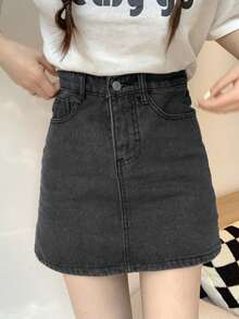 水洗直筒牛仔短裙 - 深灰色 - 查看 4