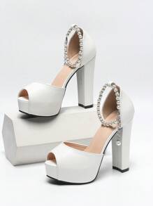 女士时尚高跟凉鞋，仿珍珠链条，大码圆头性感夜店派对鞋，露趾厚底高跟鞋，适合春、夏、秋季穿着 - 白色 - 查看 6