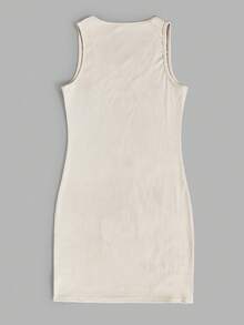 ROMWE Grunge Punk 十字印花缺角領羅紋洋裝 - 卡其色 - 查看 2