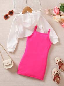 SHEIN Young Girl Casual Street Style Cropped Hoodie And Dress Two Pieces Set In Rose Red - Multicolor - View 2