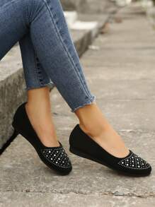 秋冬女士水晶水钻镶嵌浅口圆头一脚蹬平底鞋，时尚简约，四季皆宜，大码，黑色，绒面革，休闲工作鞋，情人节 - 黑色 - 查看 4