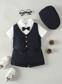 男嬰前蝴蝶結襯衫和夾克背心和短褲和帽 - 藏蓝色 - 查看 1