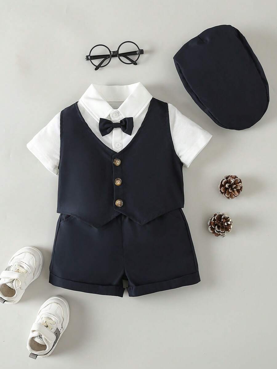 男嬰前蝴蝶結襯衫和夾克背心和短褲和帽 - 藏蓝色 - 查看 1