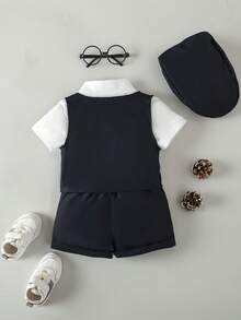 男嬰前蝴蝶結襯衫和夾克背心和短褲和帽 - 藏蓝色 - 查看 2