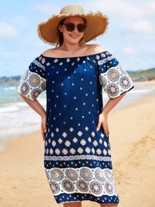 RueChic Plus Floral Print Off Shoulder Dress - Blue - View 1