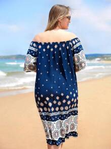 RueChic Plus Floral Print Off Shoulder Dress - Blue - View 2