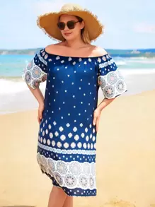 RueChic Plus Floral Print Off Shoulder Dress - Blue - View 3